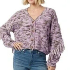 NEW Jessica Simpson AAMINA FRINGE CARDIGAN SWEATER Sz M Purples Brown V Neck NWT